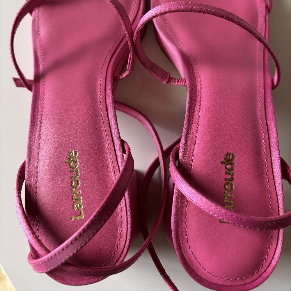 Larroude Size 9 Hot Pink Strappy Platform Block Heel Sandal Gio Sandal Satin - Picture 8 of 12